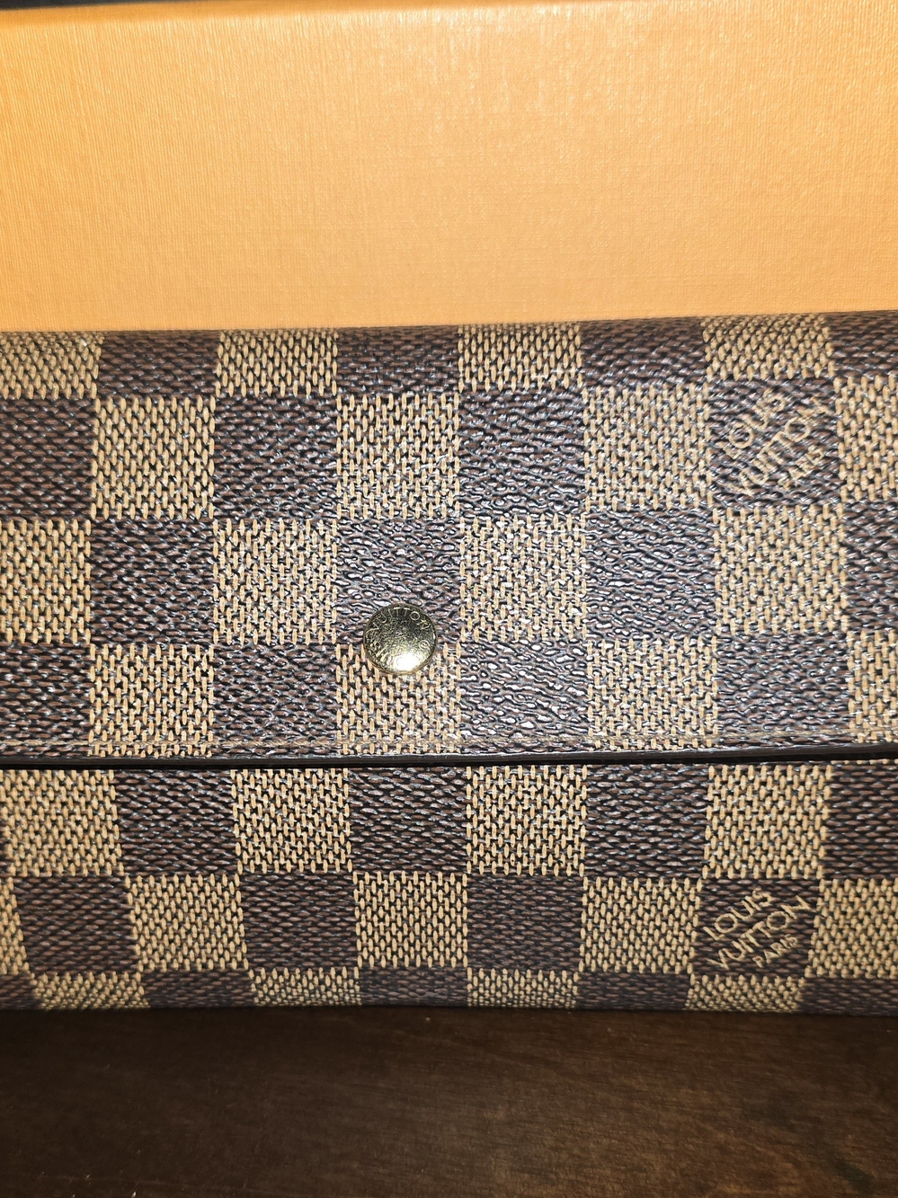 Louis Vuitton Damier Ebene Brown Checkered Wallet with Gold Snap